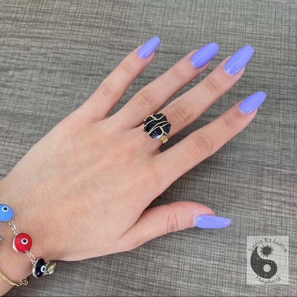 18K Gold Plated Obsidian Adjustable Ring - Picture 2 of 4